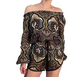 Band Of Gypsies Chambray Rust Paisley Print Off Shoulder Romper 💕